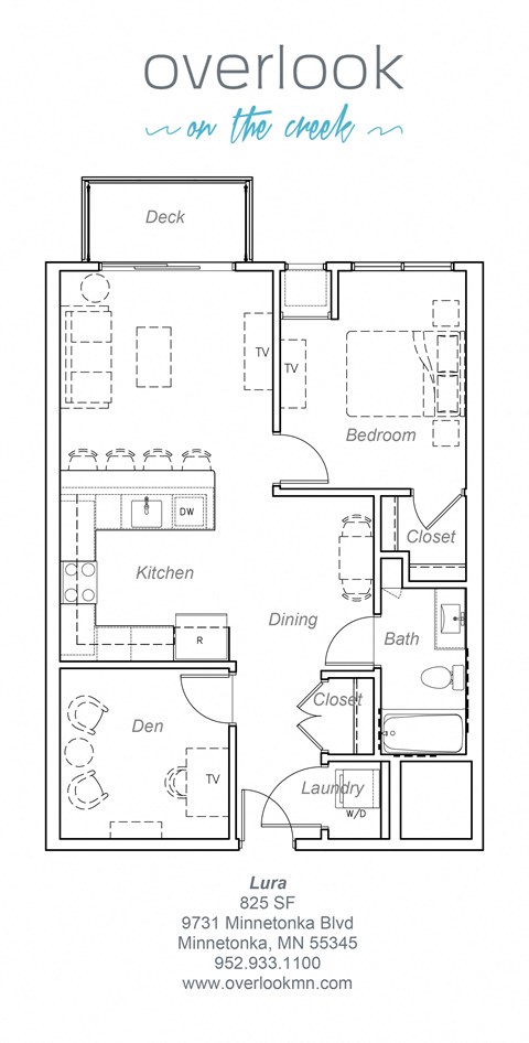 Floor plan for 1 bed, 1 bath, 825 sqft